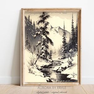 Winter Berg mit Fluss & Bäume Bleistift Skizze, rustikale Sepia Alpine Landschaft DIGITAL Zeichnung, Retro Natur Wand-Dekor, Weihnachtskarte