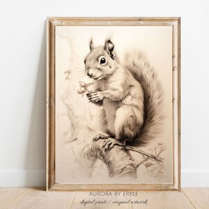 Herbst Eichhörnchen Bleistiftskizze, Waldkinderzimmer Dekor, rustikales Tier in der Natur Zeichnung, gedämpfte erdige neutrale Töne, digitales Kunst Geschenk