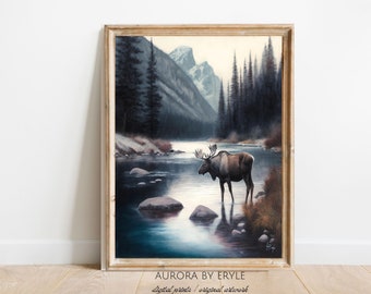 Mountain Scene with a Moose by a River Wall Art, Rustic Alpine Landscape Oil Painting, Vivid Tones Nature Print, Animal DIY Digital Art Gift