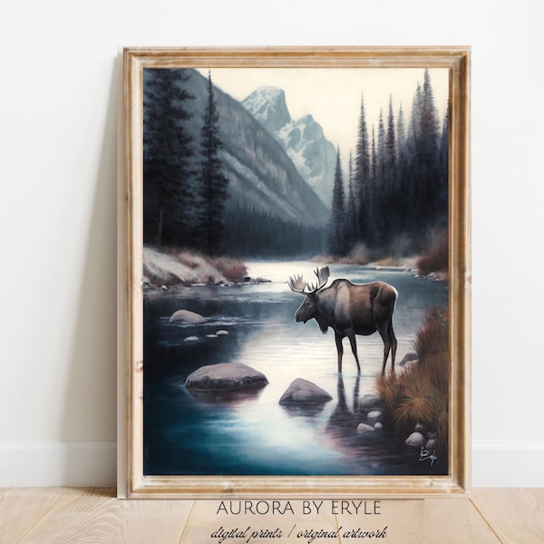 Mountain Scene with a Moose by a River Wall Art, Rustic Alpine Landscape Oil Painting, Vivid Tones Nature Print, Animal DIY Digital Art Gift