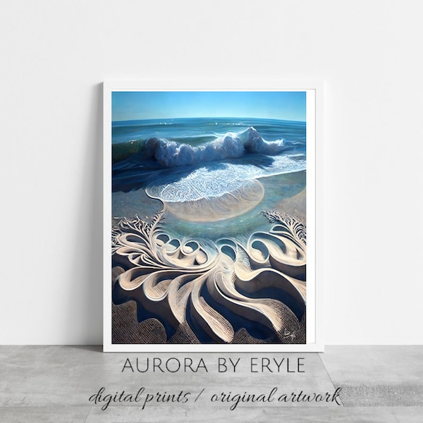 Surreal Seascape Wall Art, Retro Dreamlike Ocean Scene, Abstract Teal Blue Printable, Fantasy Beach Home Decor, Avantgarde Digital DIY Gift