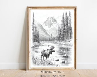 Pencil Sketch Mountain Scene with a Moose by a River Wall Art, Rustic Mountain Landscape, Animal Home Décor, Printable DIY Digital Art Gift