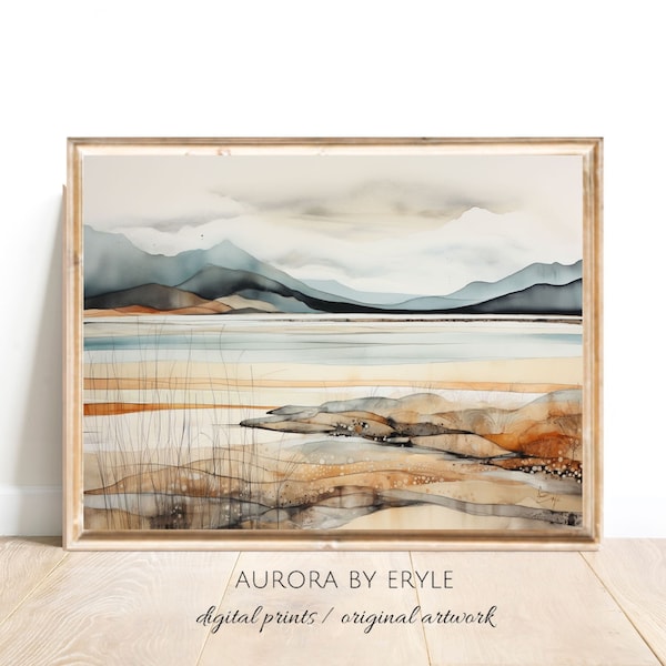 Avant Garde Mountains & Lake Wall Art, Dreamlike Nature Scene, Muted Tones Print, Cottage Home Decor, Abstract Watercolour Digital DIY Gift