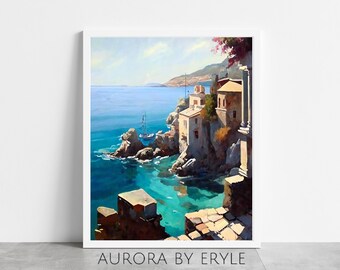 Mediterranean Seascape Oil Painting Wall Art, Small Village on the Coast Printable, Bright Tone Oceanscape Wall Decor, DIY Digital Art Gift