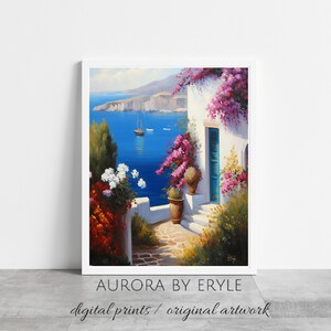 Greek Seascape Oil Painting, Mediterranean Oceanscape with a House Bright Flowers & a Boat Print, Cottage Home Decor, DIY Digital Art Gift