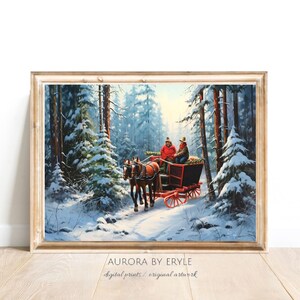 Horse Drawn Sleigh in Snowy Forest Oil Painting, Sleigh in the Woods Wall Art, Rustic Christmas Landscape Print, Retro DYI Digital Art Gift