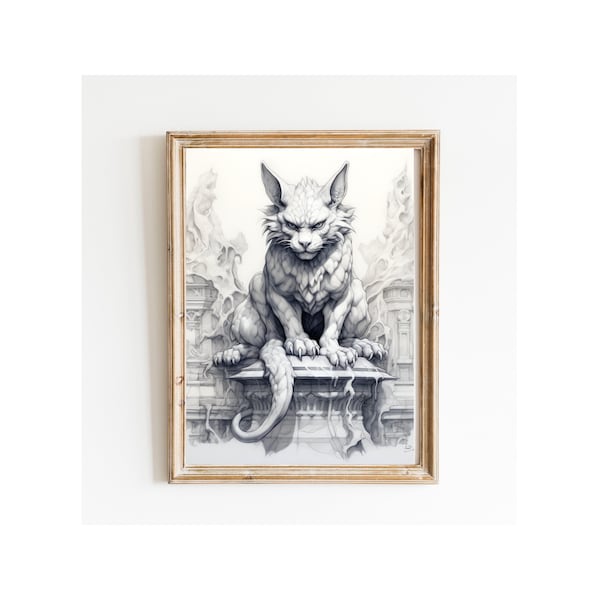 Cat Face Gargoyle Pencil Sketch Wall, Gothic Greek Mythology Printable, Dark Aesthetic Halloween Home Decor, Cute Goth DIY Digital Art Gift