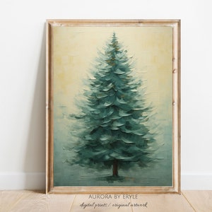 Peinture à l'huile abstraite d'arbre de Noël, impression numérique à feuilles persistantes, art de pin, décoration d'intérieur de vacances de loge d'hiver, carte de Noël d'épicéa