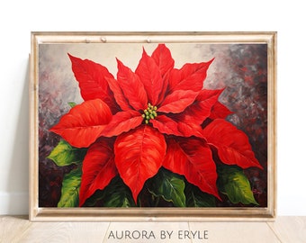 Christmas Poinsettia Still Life Oil Painting, Holiday Floral Wall Art, Retro Botanical DIGITAL Print, Festive Red Christmas Card Printable