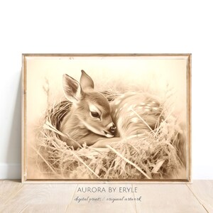 Baby Reindeer in the Woods Sepia Bleistift Skizze, süßes Rehkitz in der Natur Zeichnung, entzückende Kleinkind Zimmer Dekoration, Wald Kinderzimmer digitale Kunst Geschenk