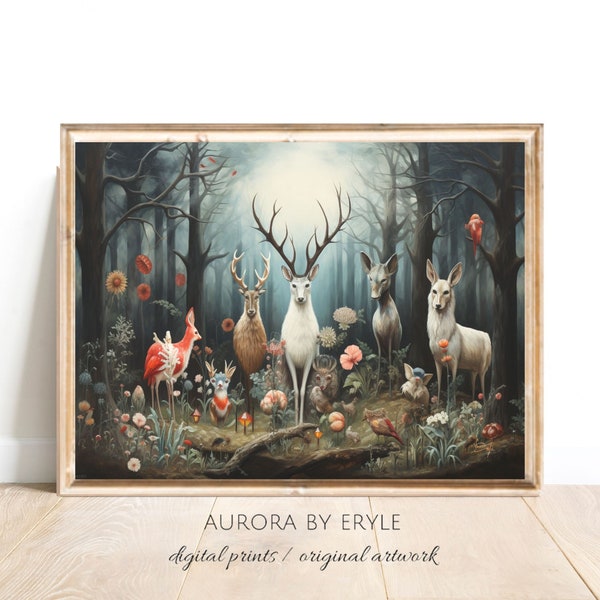 Christmas Animals in a Forest Oil Painting, Magical Abstract Realism Woodland Creatures DIGITAL Art, Enchanted Collage, Eclectic Home Decor