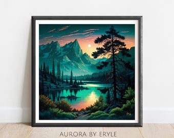 Abstract Watercolour Mountain Sunset Printable, Fantasy Alpine Scene, Vibrant Landscape, Contemporary Home Decor, Unique Digital DIY Gift