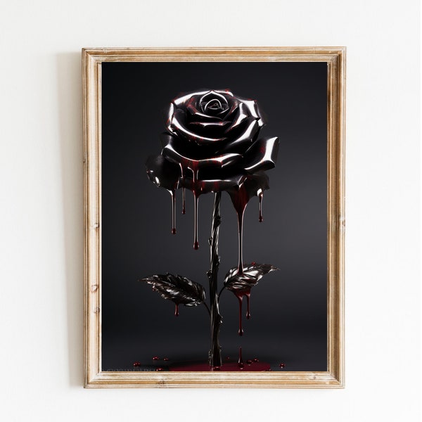 Single Black Bleeding Rose Wall Art, Paint Splattered Dark Gothic Dripping Flower, Halloween Statement Piece, Goth Home DIY Digital Art Gift