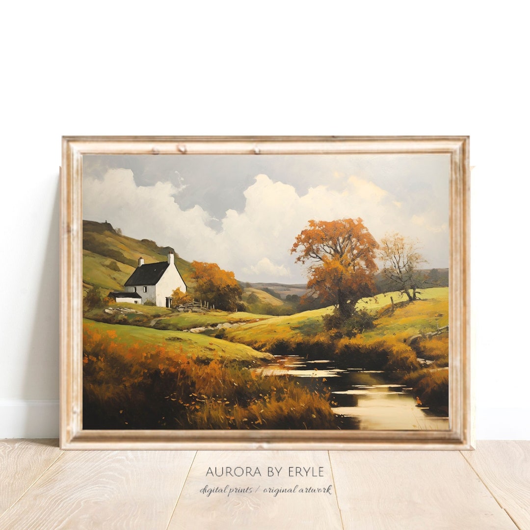 Cottage & Stream in the English Countryside Wall Art, Rustic Fall
