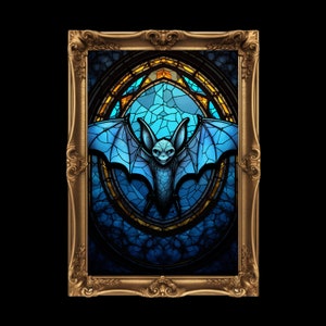 Baby Bat Stained Glass Gothic Print, Bat Lover Gift, Halloween Decor, Cathedral Window Dracula Castle Vampire, Spooky DIY Digital Art Gift
