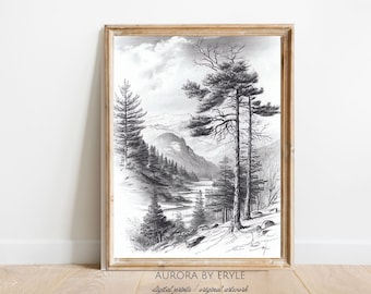 Escena de montaña de boceto a lápiz con árboles y arte de la pared del río, dibujo de paisaje rústico, impresión de estilo tradicional, regalo de arte diy digital imprimible