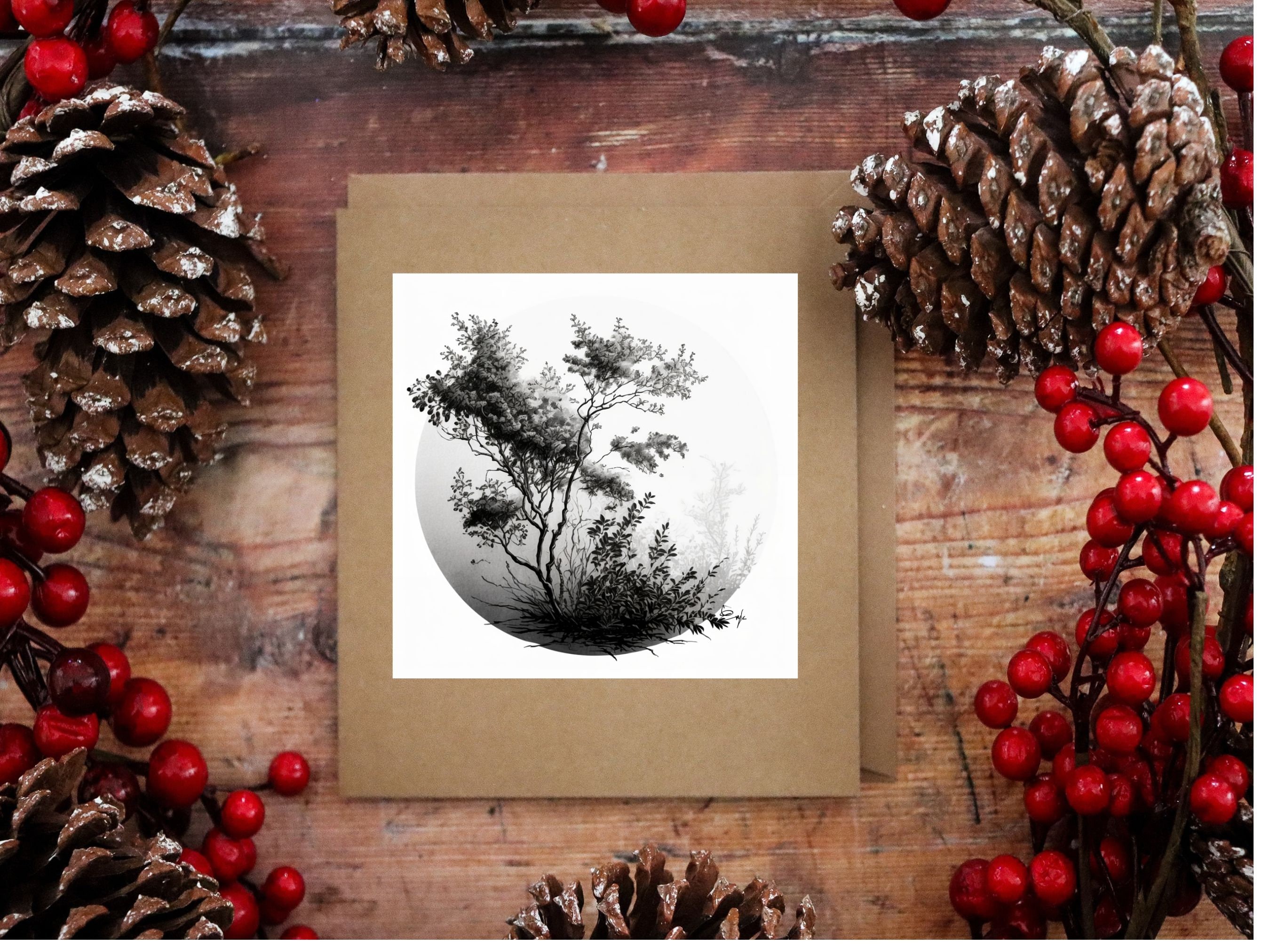 Trees in a Circular Frame Sketch, Retro Nature Wall Décor, Rustic ...