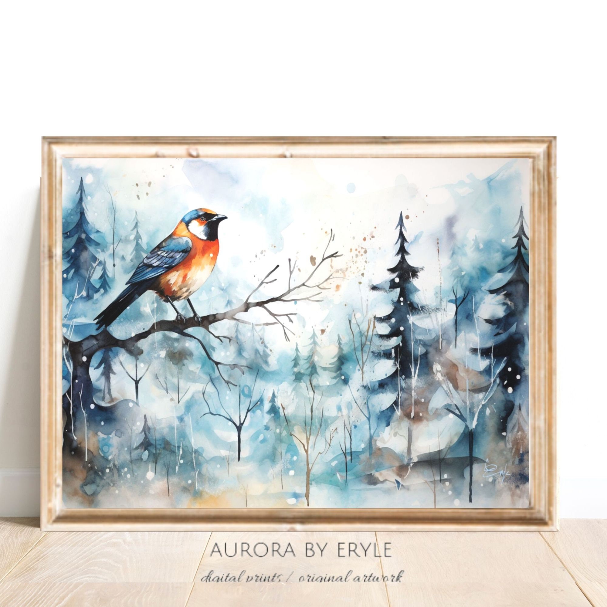 Eastern Bluebird in a Winter Forest Watercolor Collage, Bird in the ...