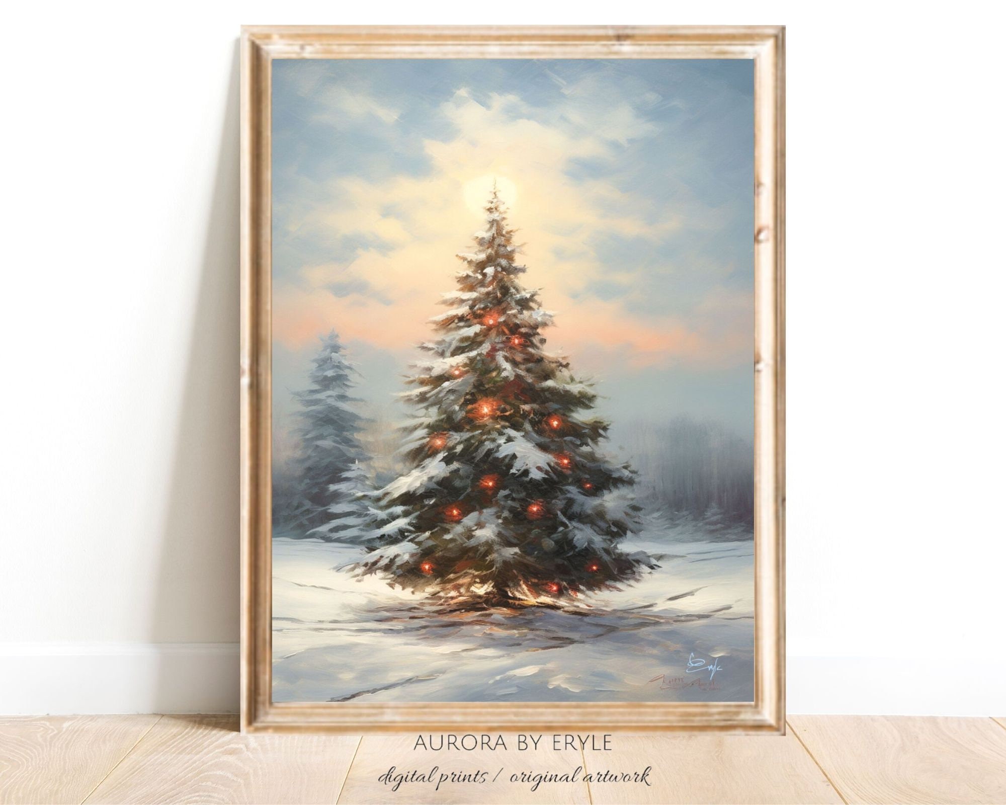 Christmas Tree With Lights Oil Painting, Rustic Spruce Trees in