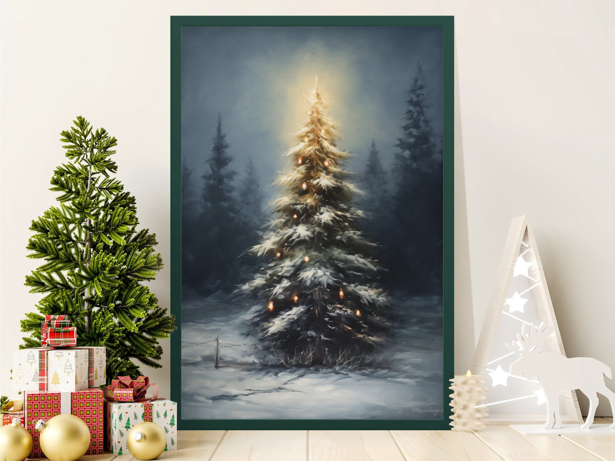 Christmas Tree With Lights Oil Painting, Spruce Trees in Snowy
