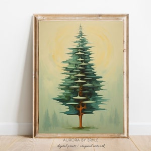 Impression numérique abstraite d'arbre de Noël, peinture à l'huile à feuilles persistantes, art d'arbre d'épicéa, décoration de maison de vacances de pavillon d'hiver, carte de Noël de pin