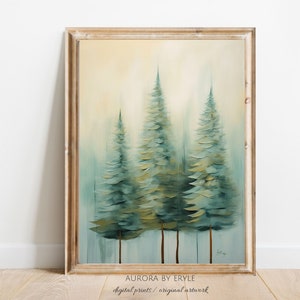 Impression numérique abstraite d'arbre de Noël, art d'épicéa, peinture à l'huile à feuilles persistantes, décoration contemporaine de maison de vacances, carte de Noël d'arbre de fantaisie