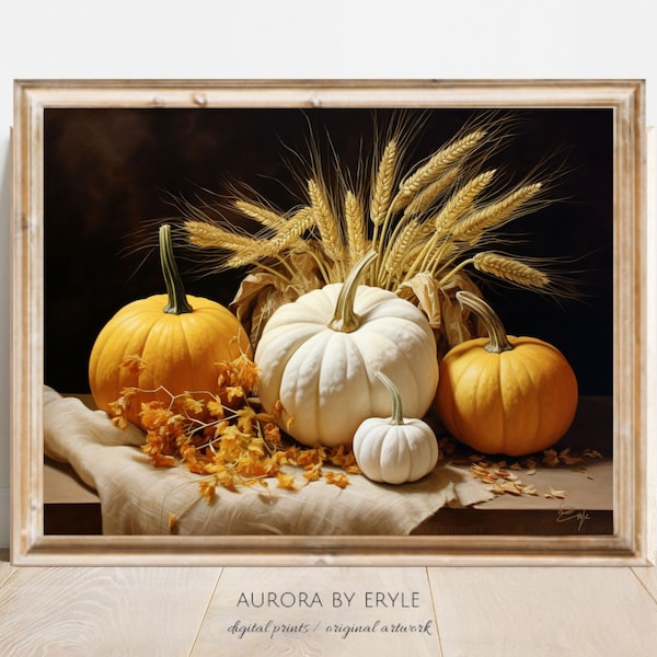 Thanksgiving Wall Art, Pumpkin Still Life Painting, Traditional Autumn Home Decor, DIGITAL Printable, Dramatic Fall Squash Pumpkins & Wheat