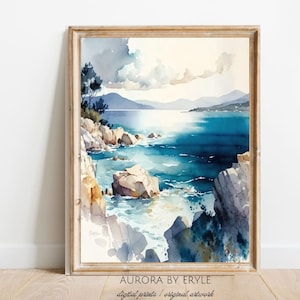 Mediterranean Ocean Inlet Watercolor, Seascape with  Rocky Shores, Vivid Teal Seaside Print, Modern Coastal Wall Art, DIY Digital Art Gift