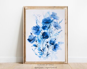 Blue Wildflower Wall Art, Watercolour Botanical Poster, Delicate Blossoms Painting, Cottagecore Wild Flowers Printable, DIY Digital Art Gift