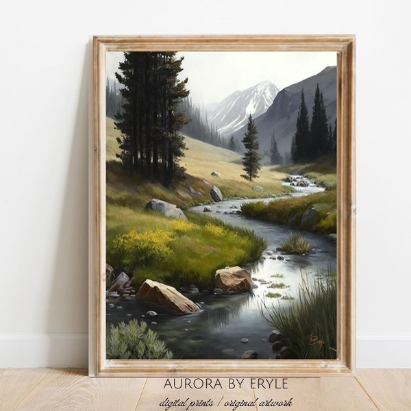 Meadow & River Scene, Soft Sage Tone Print, Rustic Mountain Landscape Oil Painting, Vivid Nature Wall Décor, Tranquil DIY Digital Art Gift