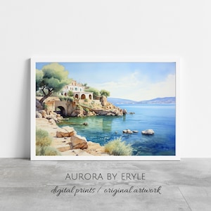 Mediterranean Coastal Wall Art, Seaside Villa Watercolor Printable, Italy Sicily Seascape, Aegean Sea, Nautical Décor, DIY Digital Art Gift