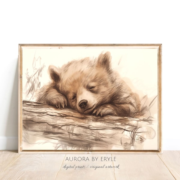 Bear Cub Sleeping Pencil Sketch, Cute Baby Bear on a Log Sepia Drawing, Infant & Toddler Nature Wall Art, Woodland Nursery DIY Digital Gift