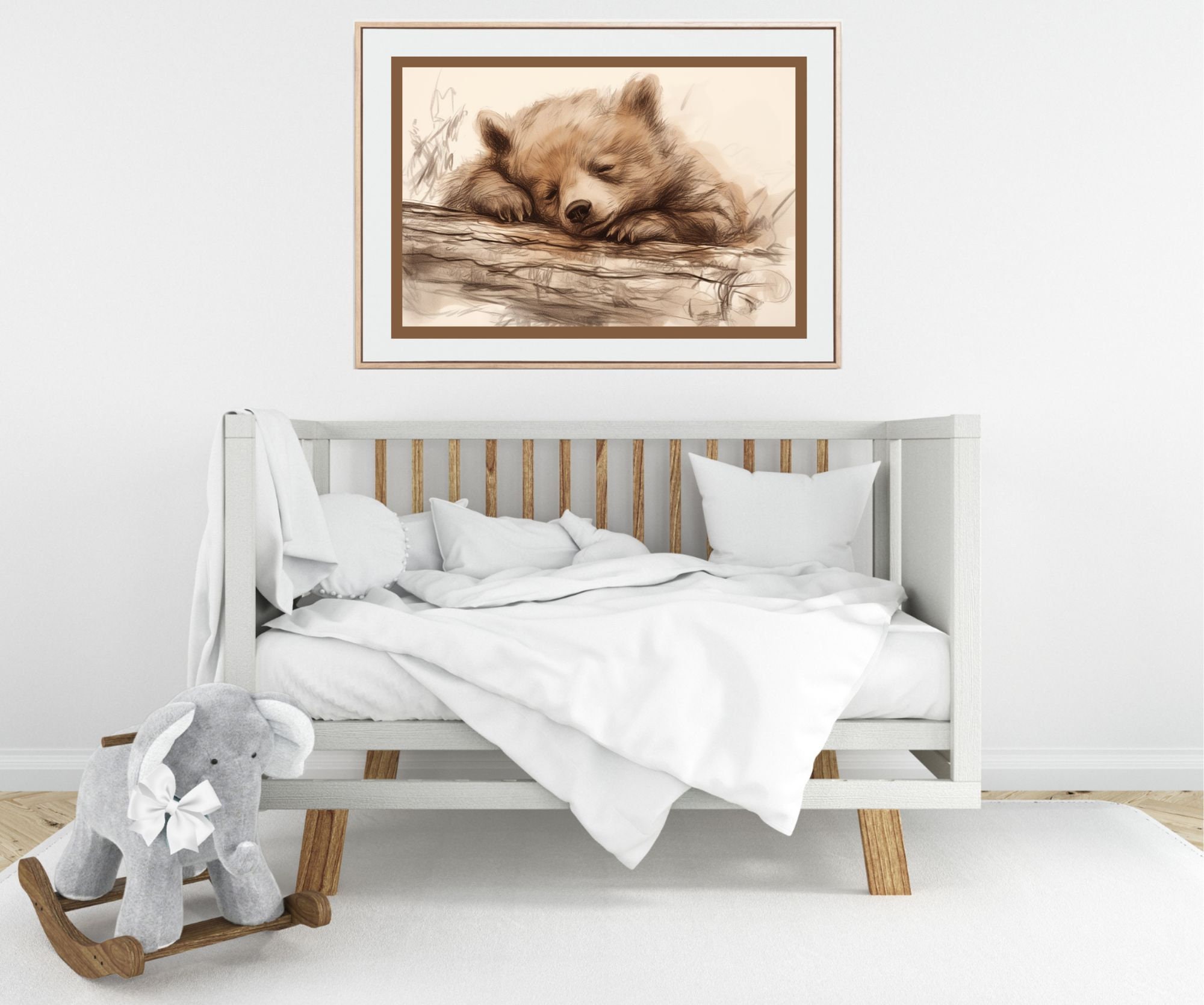 Bear Cub Sleeping Pencil Sketch, Cute Baby Bear on a Log Sepia Drawing ...