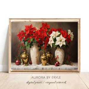 Poinsettias en jarrones Still Life Wall Art, decoración navideña festiva, vacaciones retro imprimible, impresión digital floral atemporal, tarjeta de Navidad