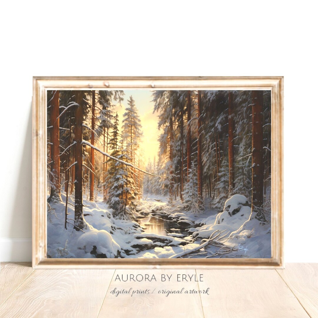 Vibrant Winter Forest Sunset Scene Wall Art, Rustic Landscape Print ...