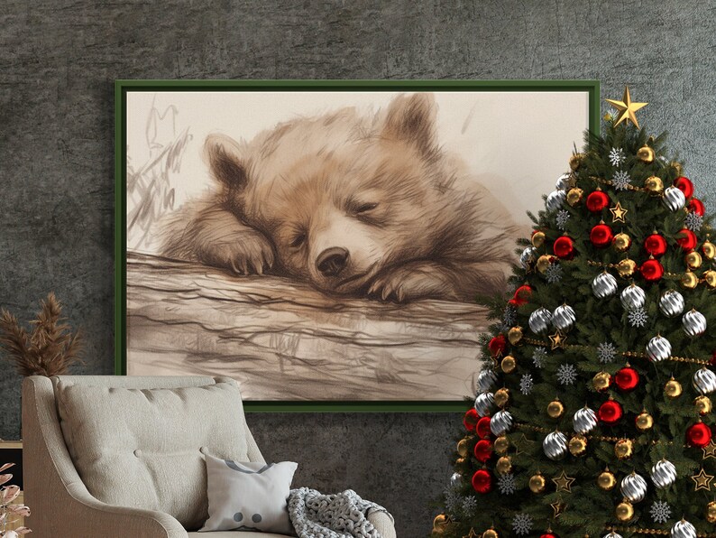 Bear Cub Sleeping Pencil Sketch, Cute Baby Bear on a Log Sepia Drawing ...