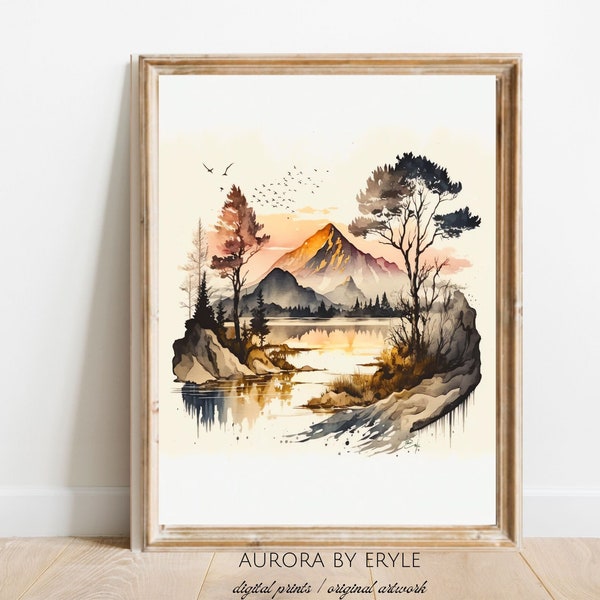 Autumn Sunset Mountain & Lake Watercolor Painting, Imaginary Fall Landscape Print, Bright Toned Wall Art, Contemporary DIY Digital Art Gift