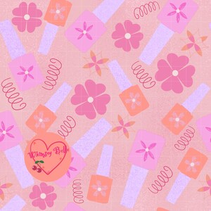 May include: A repeating pattern of pink nail polish bottles, flowers, and swirls on a pink background. The nail polish bottles are in shades of pink and orange, with flower designs. The image includes the text "Whimsy Belle" in a heart.