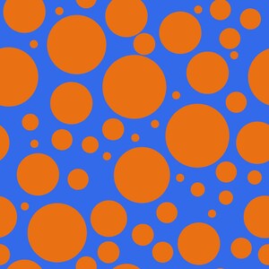 Peut inclure: Motif sans couture avec des cercles orange de différentes tailles sur un fond bleu. Le design crée un effet visuel dynamique et ludique, adapté à diverses applications.