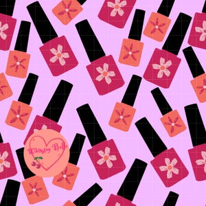 May include: A repeating pattern of nail varnish bottles in pink and orange, each decorated with a floral design. The bottles have black caps and are set against a light purple grid background. The image includes a logo with the text "Whimsy Belle".