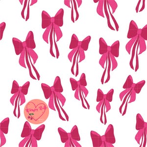 May include: A seamless pattern featuring pink bows with long tails on a white background.