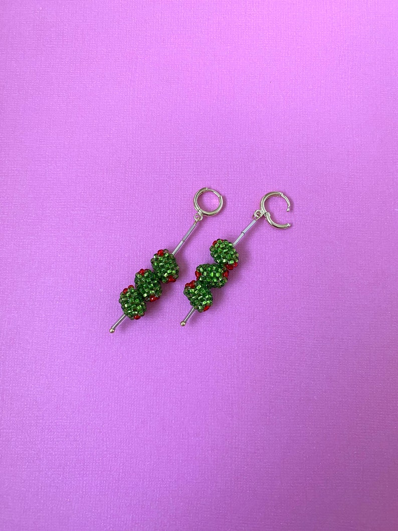 Beaded Green Olive Martini Earrings Green and Red Jewelry Etsy