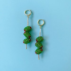 Beaded green olive martini earrings, green and red jewelry, seed bead accessories, James Bond jewelry