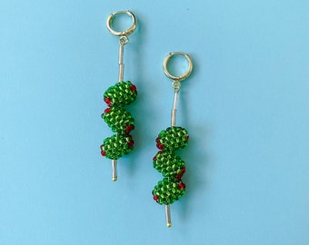 Beaded green olive martini earrings, green and red jewelry, seed bead accessories, James Bond jewelry