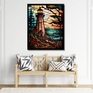 May include: A stained glass window depicting a lighthouse on a rocky shore with a sailboat in the distance. The sky is a vibrant orange and yellow, with blue and green water. The lighthouse is white with a red roof and a black lantern.
