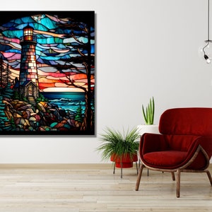 May include: A stained glass artwork depicting a lighthouse on a rocky coastline with a colorful sunset in the background.