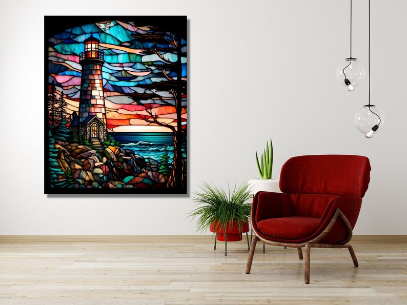 May include: A stained glass artwork depicting a lighthouse on a rocky coastline with a colorful sunset in the background.