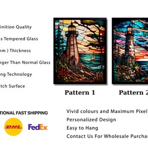 May include: Two stained glass style images of a lighthouse on a rocky shore with a sunset in the background. The images are labeled "Pattern 1" and "Pattern 2".