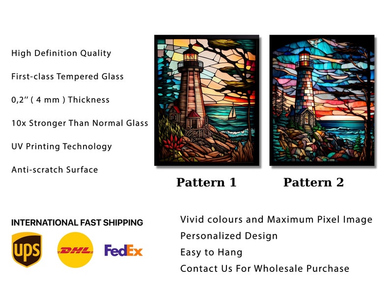 May include: Two stained glass style images of a lighthouse on a rocky shore with a sunset in the background. The images are labeled "Pattern 1" and "Pattern 2".