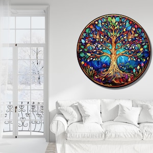 Tree of Life Stained Glass Wall Painting -Home&Office Wall Art Decor Round Wall Hangings-Stain Glass Art Deco Panel Uv Printing-Stepmom Gift image 8